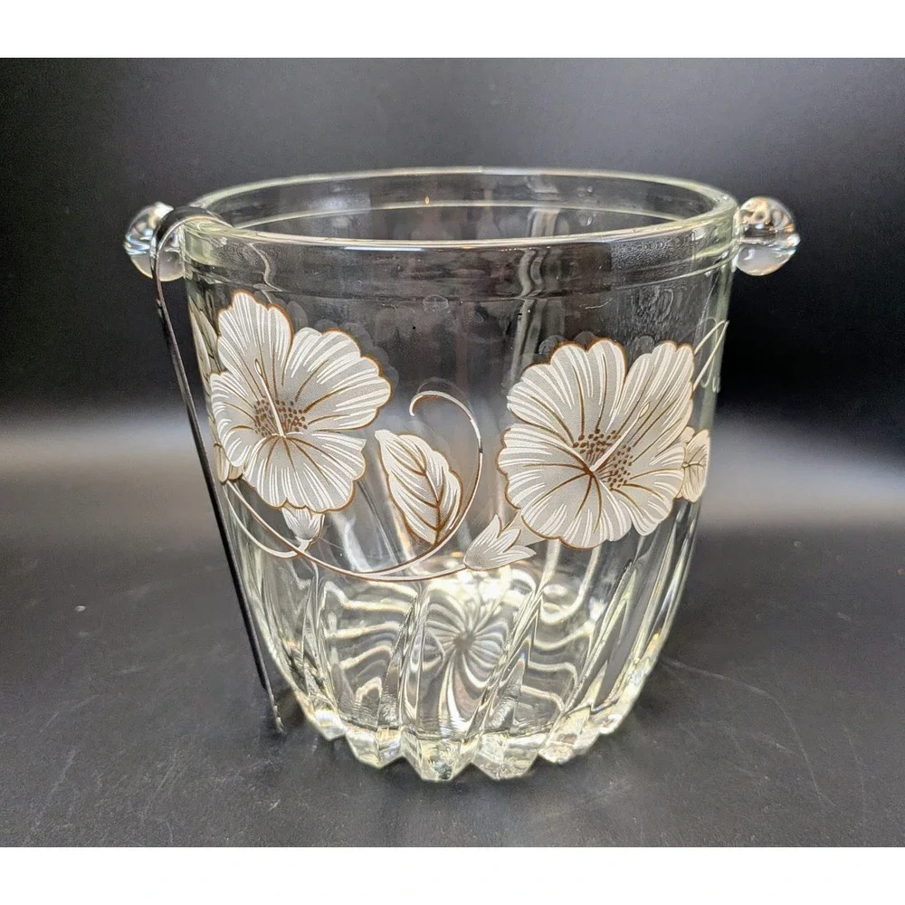 Vintage Mid Century Floral Etched Ice Bucket with Tongs